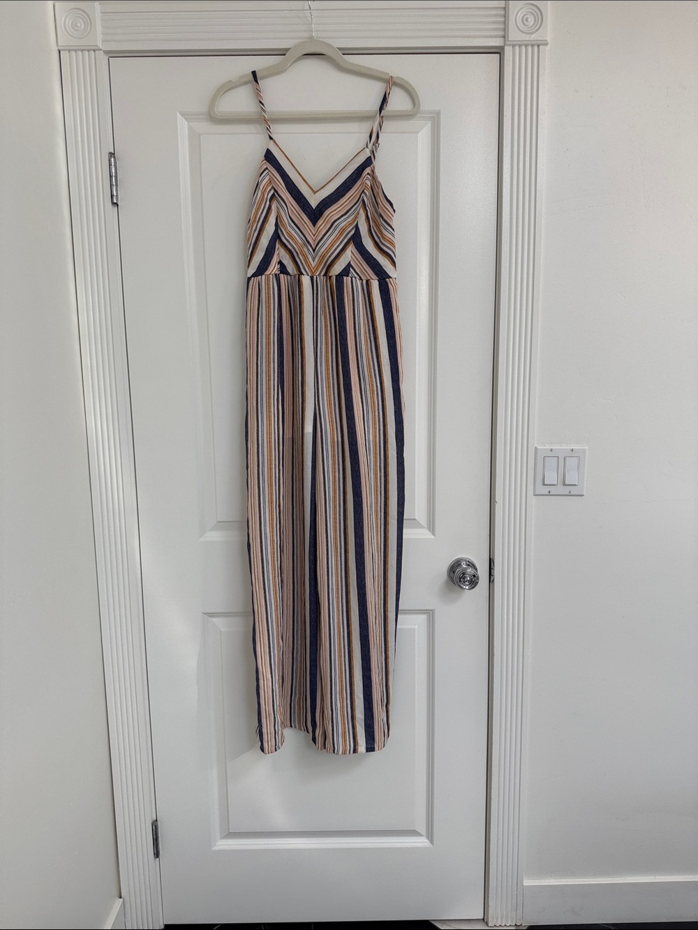 Xhilaration Striped V-Neck Spaghetti-Strap Jumpsuit in Navy, Beige and Cream